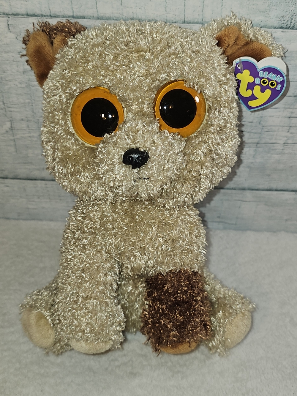 TY Beanie Boo Rootbeer Terrier Plush Dog Solid Eyes Purple Tag 9 Inch